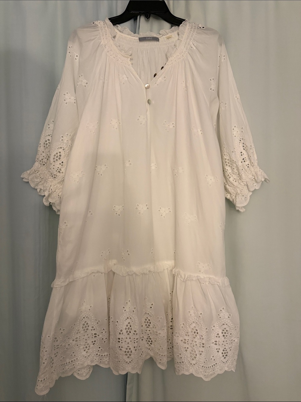 Tart Women’s White Smocked Neck Eyelet Mini Feminine Romantic Summer Dress, L
